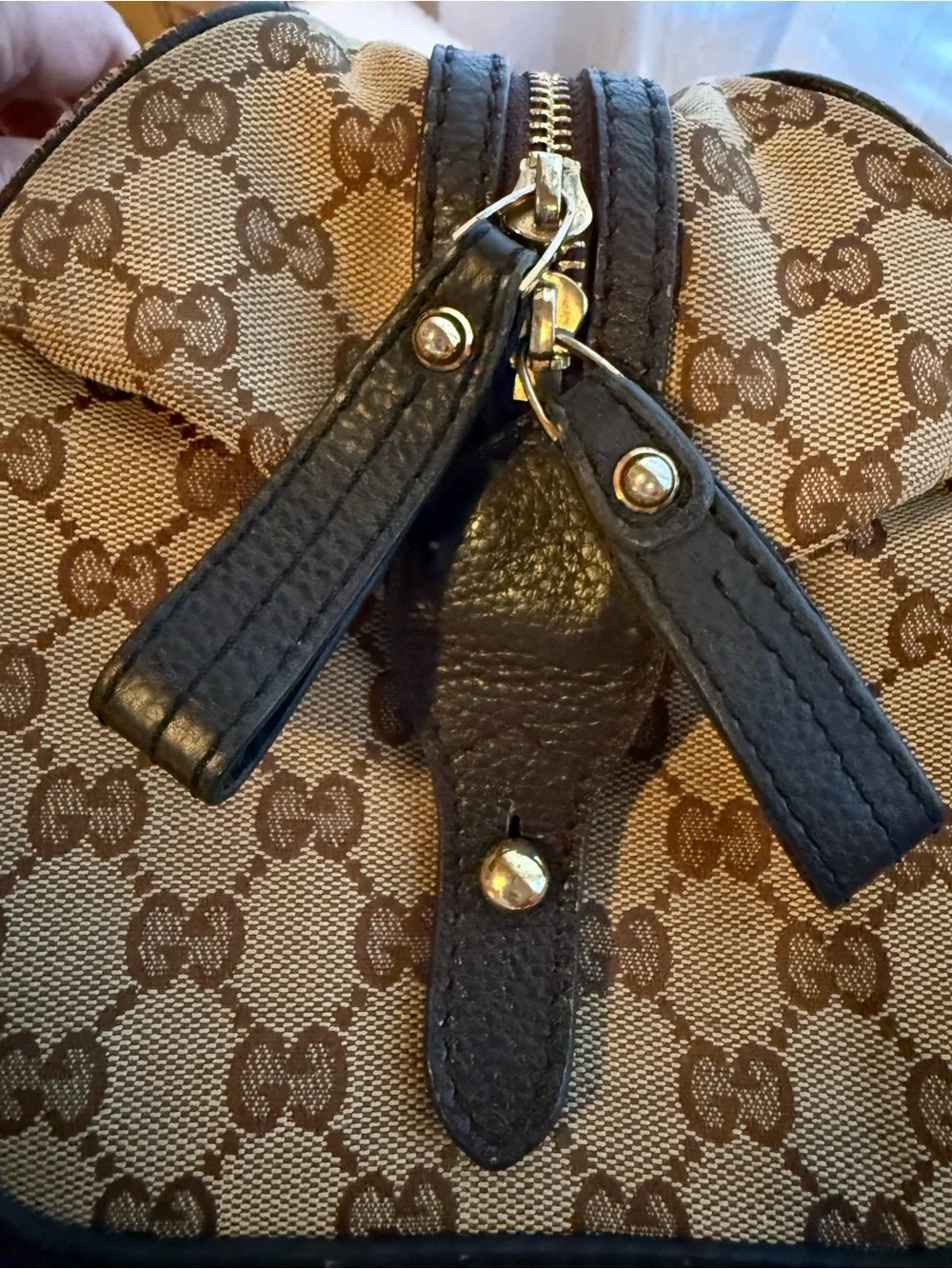 Gucci Beige GG Supreme Boston Bag with Leather Trim